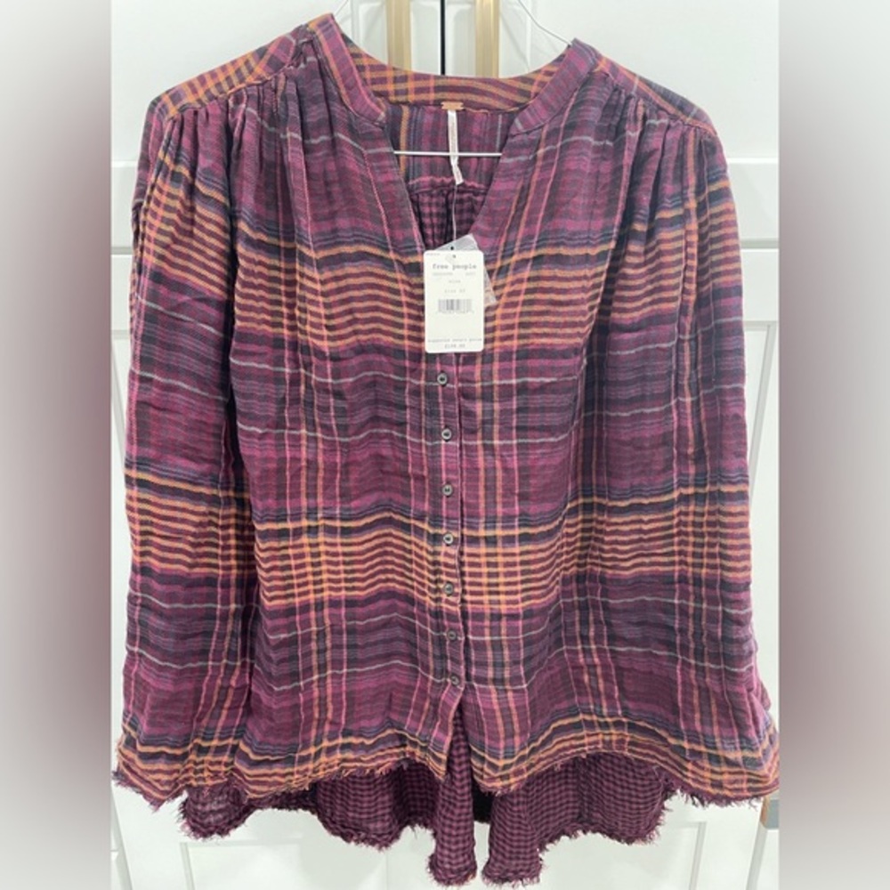 NWT FREE PEOPLE WINE PLAID TOP XS